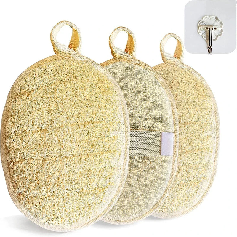 Natural Loofah Body Shower Scrubber 3pc Set Soft Exfoliating Sponge Bath Brush with Hook Towels Ideal Merchandise for Bathrooms